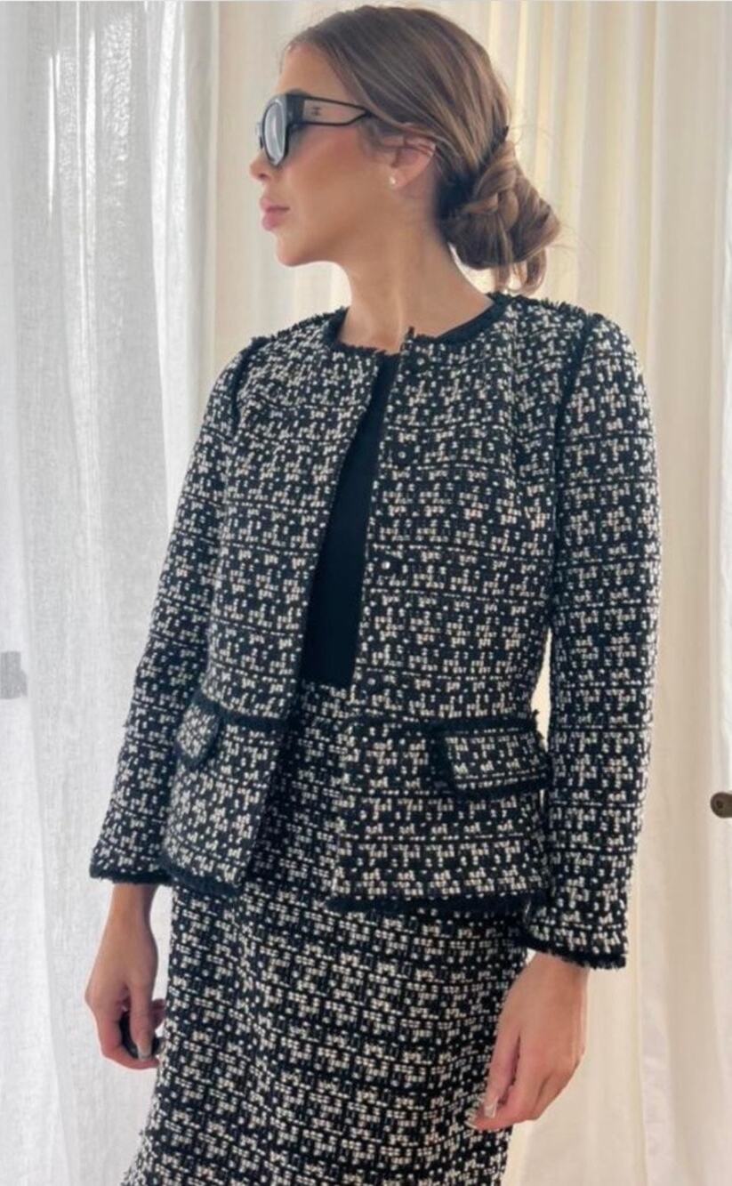 Ann Taylor Black White Checkered Tweed Skirt Suit Set 2 Pc blazer 4 / skirt 2